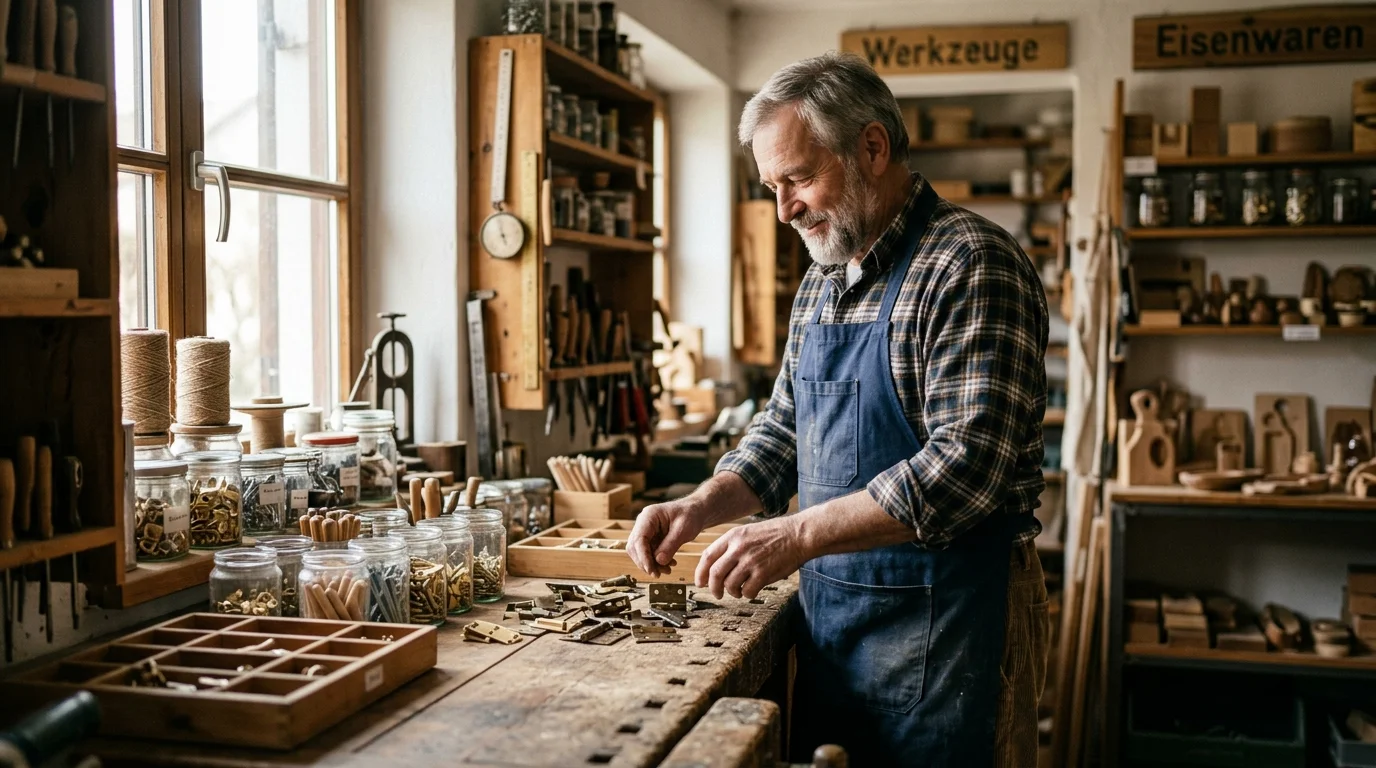 Aeltere Person arbeitet konzentriert an einem ruhigen Arbeitsplatz