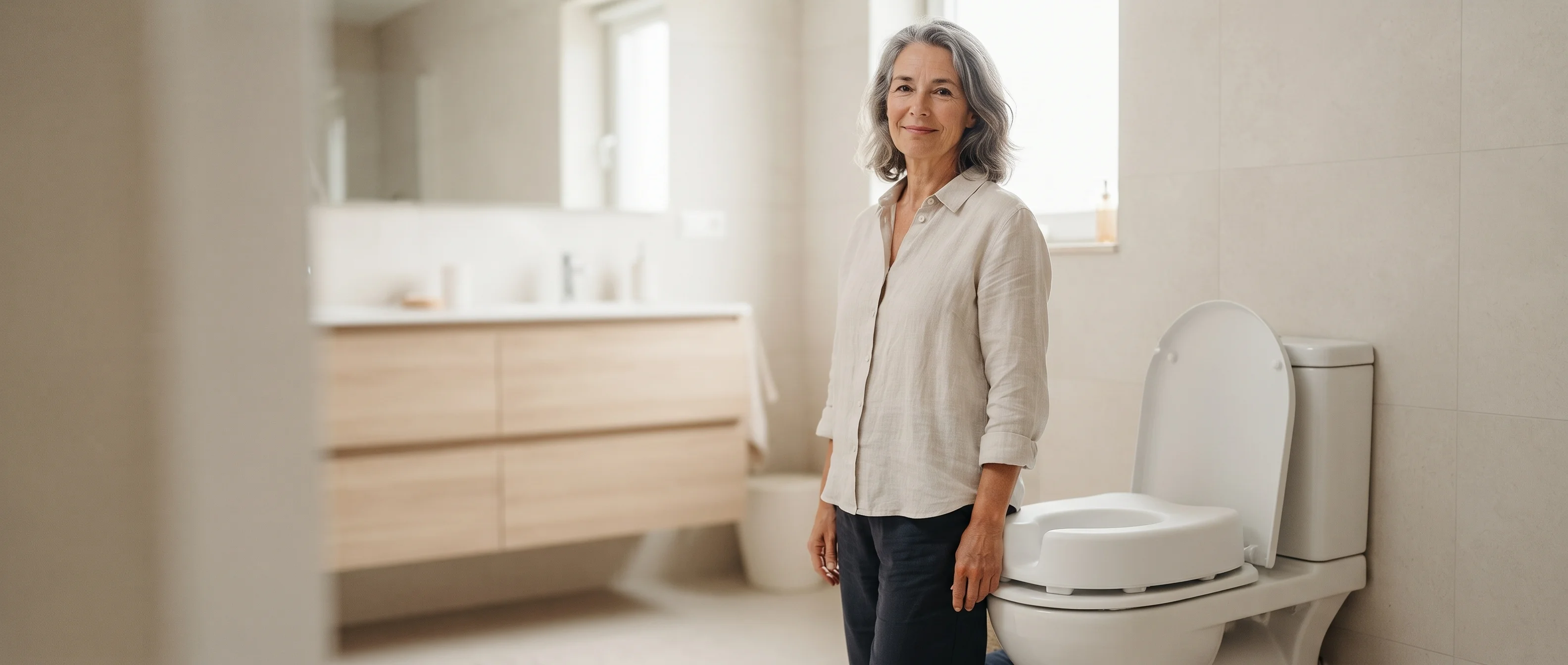 Een vrouw in een lichte badkamer, ontspannen en zelfverzekerd thuis